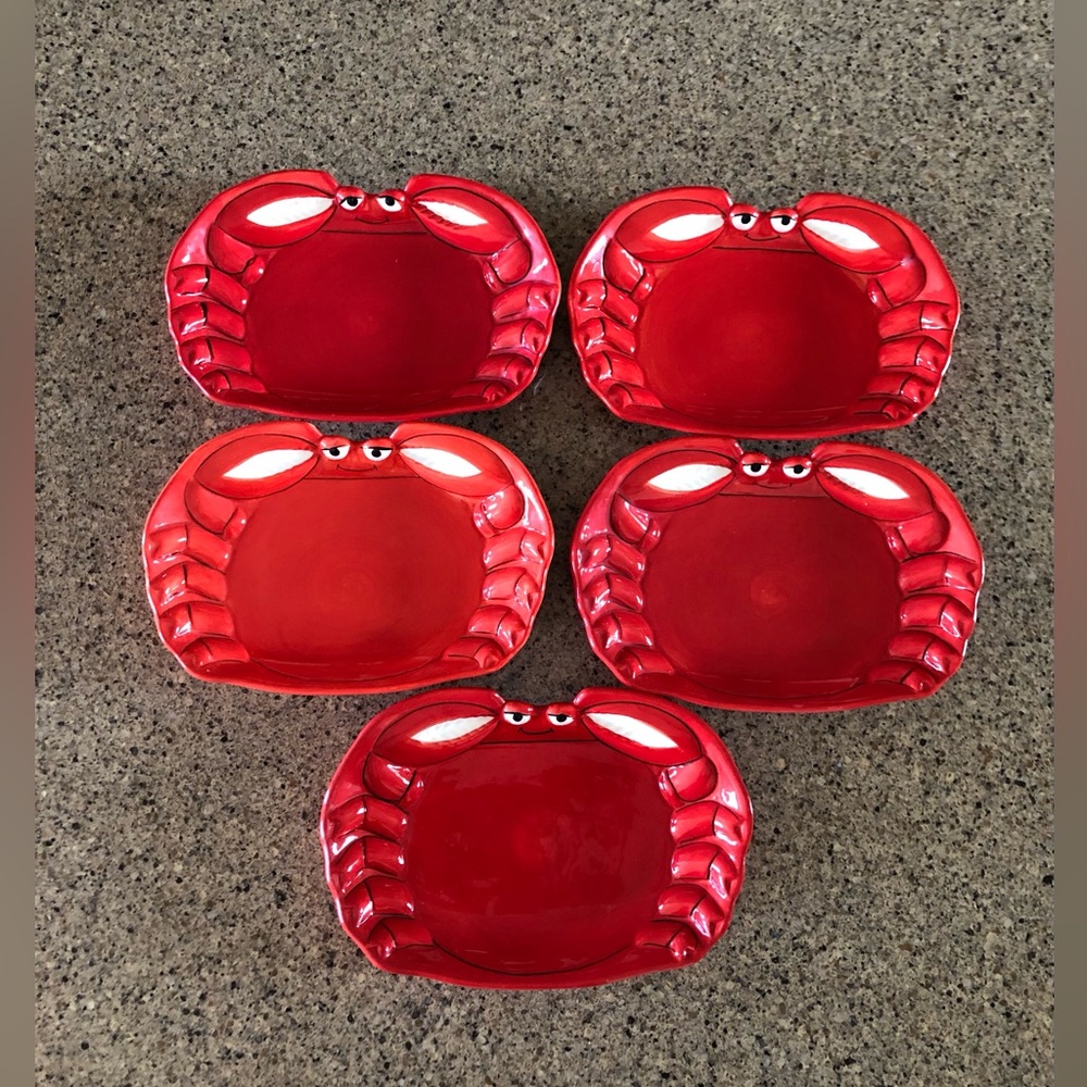 5pc Lobster Bowl Plate Platter Red Hand Painted Ceramic Nautical Beach crab Sea